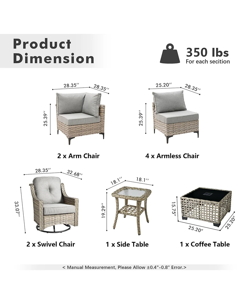 Xizzi 10 Piece Outdoor Patio Furniture with Swivel Rocking Chairs,All Weather Rattan Wicker Sectional Coversation Set Solar Coffee Table, Single