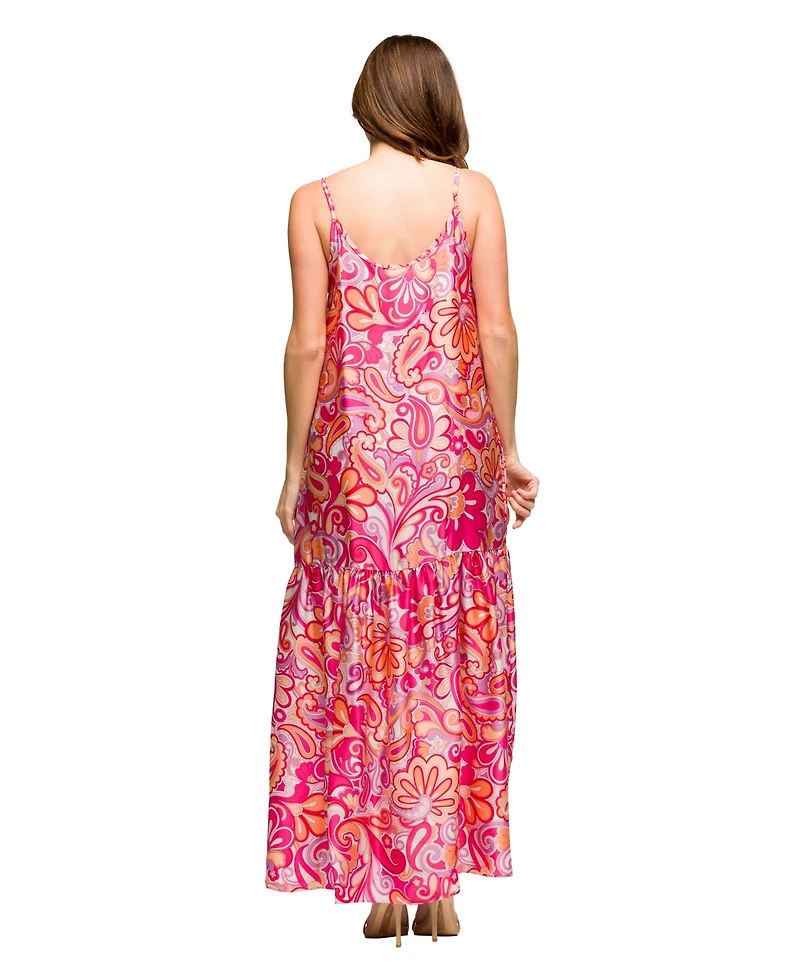 24seven Comfort Apparel Women's Pink Print Lightweight Spaghetti Strap Pocket Maxi Dress