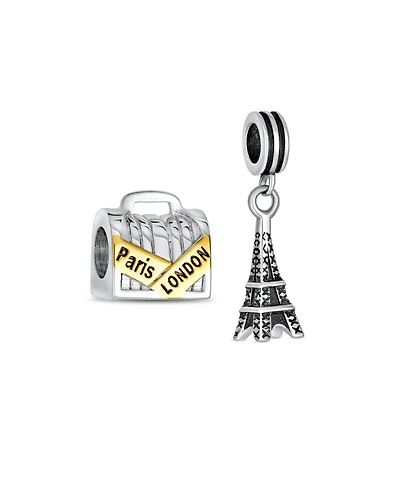 Bling Jewelry Set of 2 London Travel Suitcase Luggage & Paris Eiffel Tower Dangle Charm Bead Sterling Silver