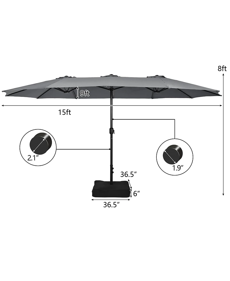Gymax 15 ft Double-Sided Patio Twin Umbrella Extra-Large Market w/ Base