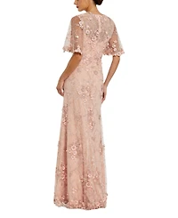 Mac Duggal Women's Flutter Sleeve Floral Embroidered Net Gown
