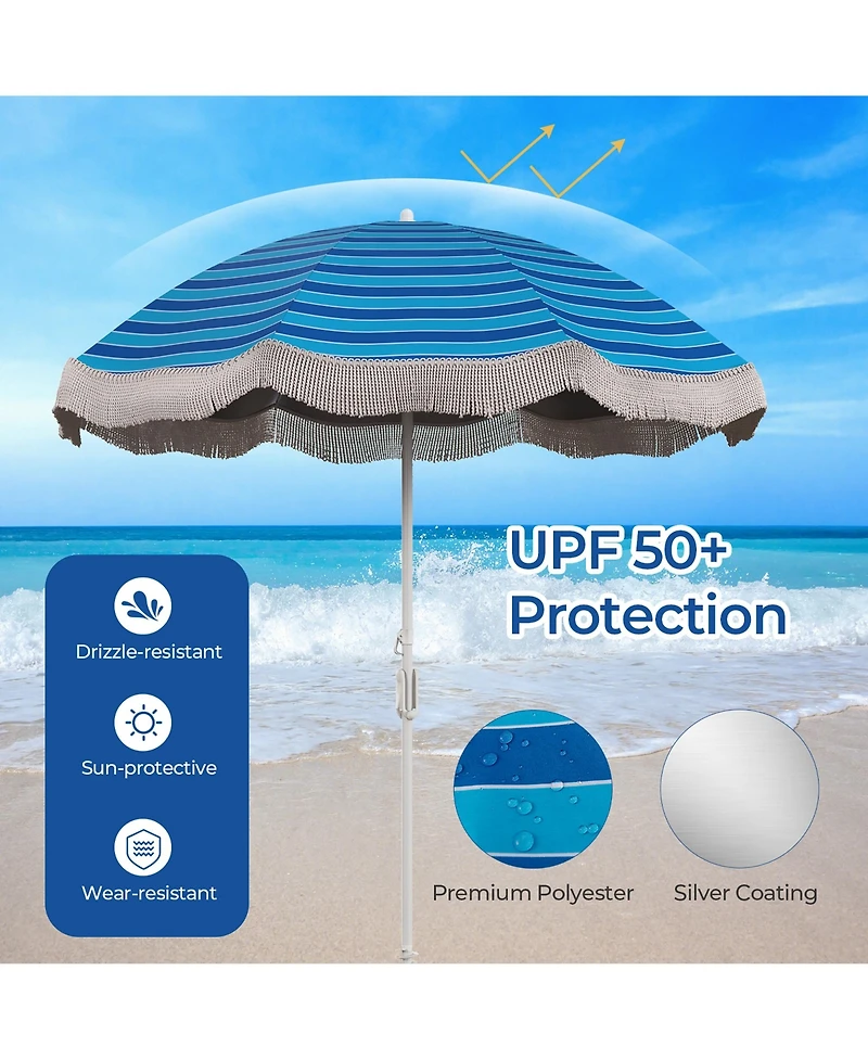 Gymax 6.5 Ft Beach Umbrella w/ Fringe Tassel Push Button Tilt Sand Anchor