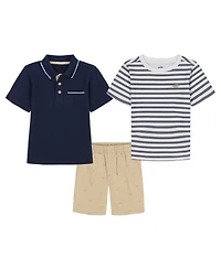 Kids Headquarters Toddler and Little Boys 3-Piece Tipped Polo Shirt, Striped T-Shirt Printed Twill Shorts Set