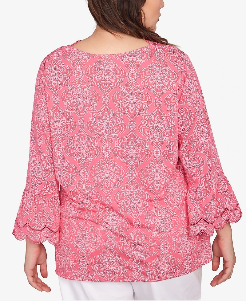 Ruby Rd. Plus Print Solid Burnout Top