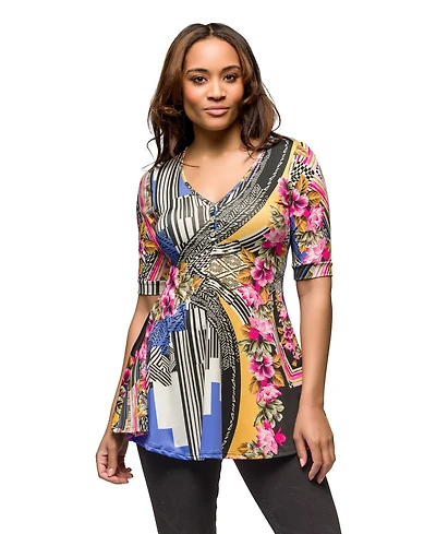 24seven Comfort Apparel Women's Multicolor Floral Print Elbow Sleeve V-Neck Henley Tunic Top