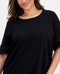 Jones New York Plus Elbow-Sleeve Lattice-Trim Top