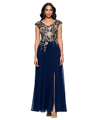 Betsy & Adam Women's Embroidered V-Neck Front-Slit Gown