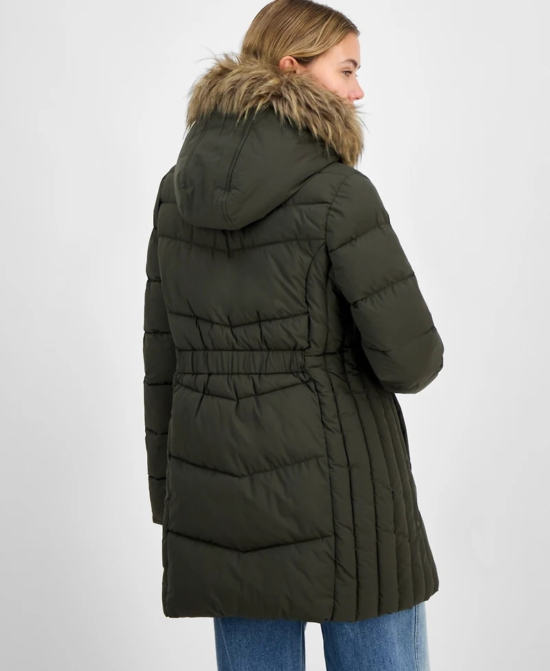 Maralyn & Me Juniors' Faux-Fur Hooded Bibbed Puffer Coat
