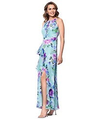 Betsy & Adam Petite Printed Halter-Neck Ruffled Sleeveless Gown