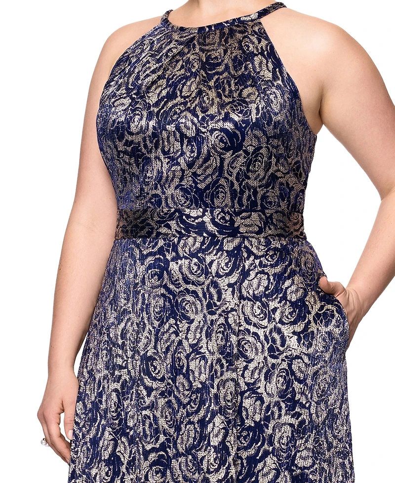 Betsy & Adam Plus Metallic Floral Print Sleeveless Gown