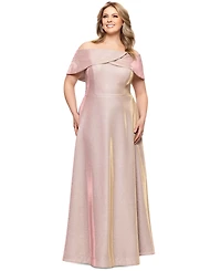 Betsy & Adam Plus Metallic Off-The-Shoulder Gown
