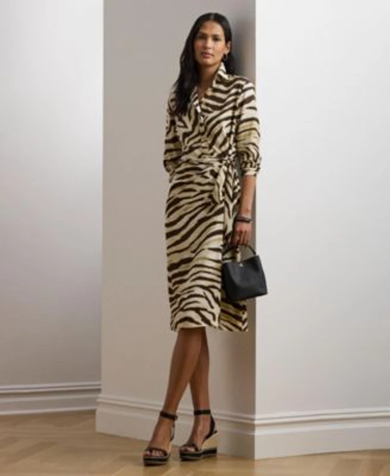 Lauren Ralph Lauren Womens Zebra Print Tie Front Crepe Shirtdress 0p 22w