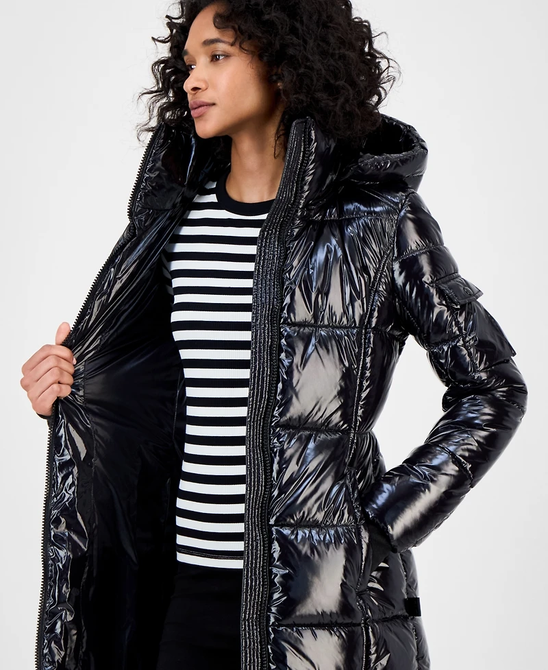 S13 Women's Hooded Thumbhole-Cuff Shine Puffer Coat