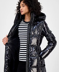 S13 Women's Hooded Thumbhole-Cuff Shine Puffer Coat