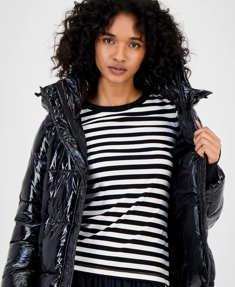 S13 Women's Ella Hooded Thumbhole-Cuff Shine Puffer Coat