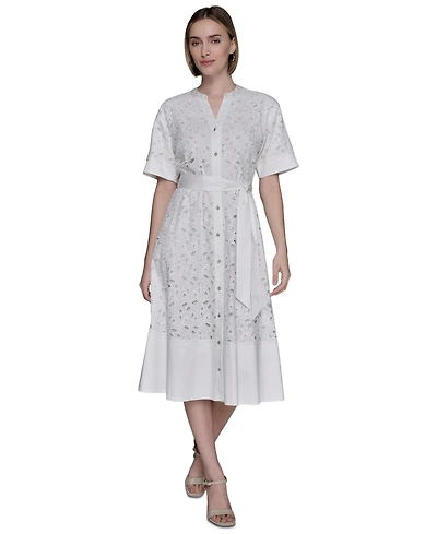 Karl Lagerfeld Paris Women's Eyelet Cotton A-Line Shirtdress