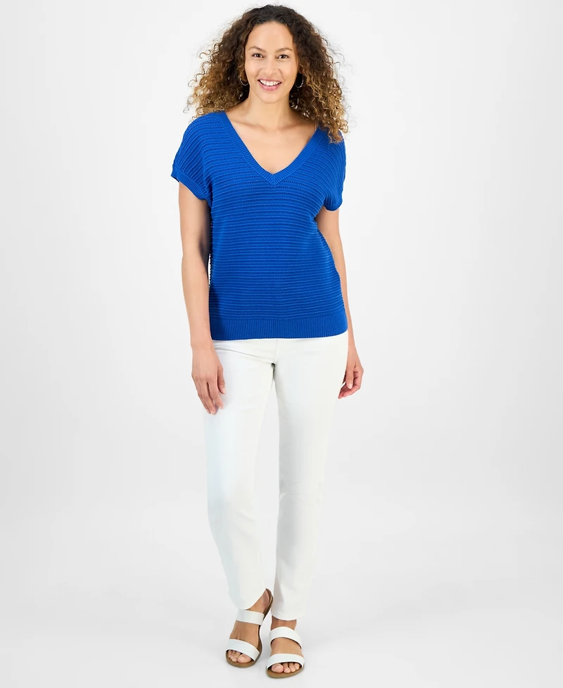 Style & Co Petite Cotton Double V-Neck Sweater, Exclusively at Macy's