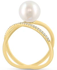 Effy Cultured Freshwater Pearl (8-1/2mm) & Diamond (1/10 ct. t.w.) Crisscross Ring in 14k Yellow Gold