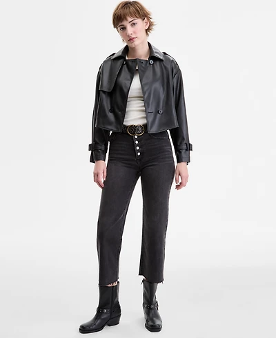 CoffeeShop Juniors' Cropped Faux-Leather Belted Trench Coat