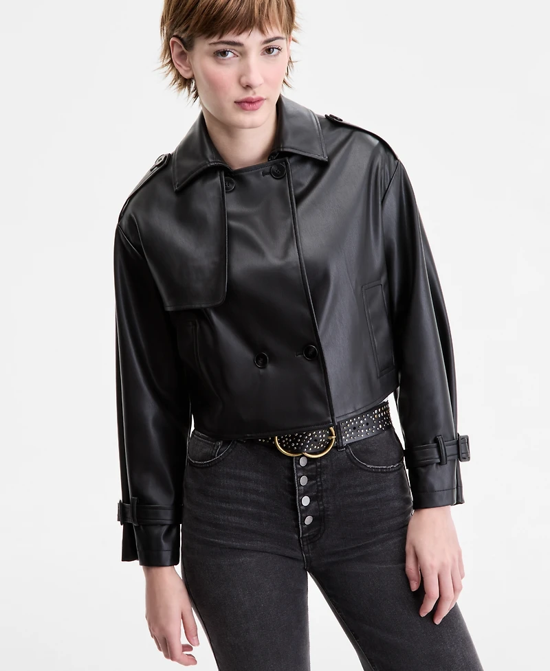 CoffeeShop Juniors' Cropped Faux-Leather Belted Trench Coat