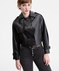 CoffeeShop Juniors' Cropped Faux-Leather Belted Trench Coat
