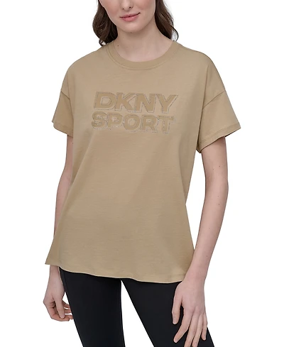 Dkny Sports Women's Rhinestone-Logo Drop-Shoulder T-Shirt