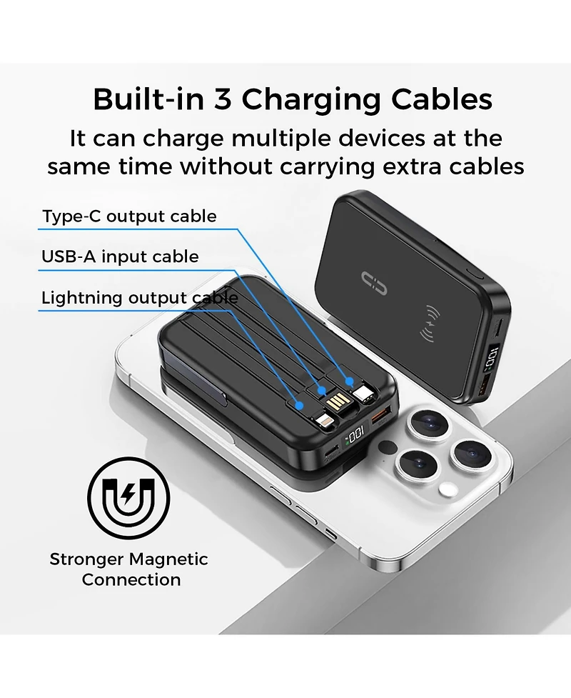 10000mAh Magnetic Power Bank w/ Stand- 3 Cables & Wireless Charging