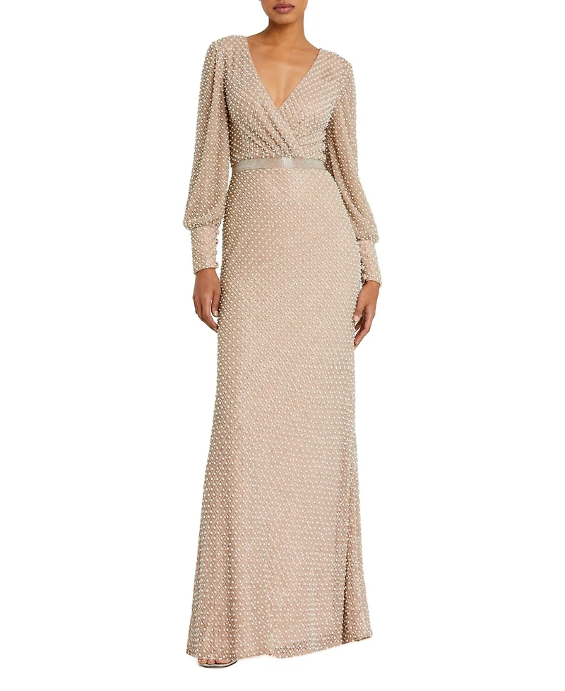 Mac Duggal Women's Wrap Over Bishop Sleeve Gown With Pearl Beading