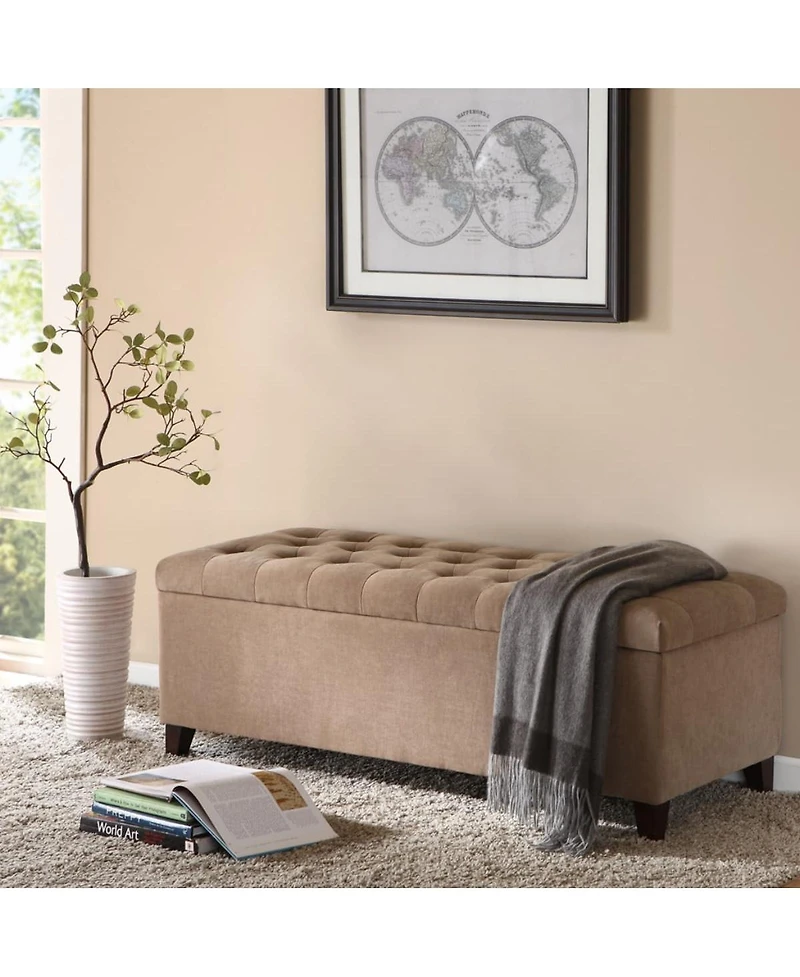 Tufted Upholstered Storage Bench with Button Top, Solid Wood Legs for Bedroom or Living Room, Hidden Blanket-The Pop Home