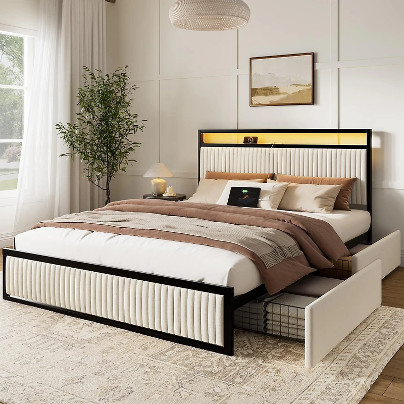 Hausource Queen Size Velvet Upholstered Bed Frame with Led Headboard, 2 Drawers, Charging Station
