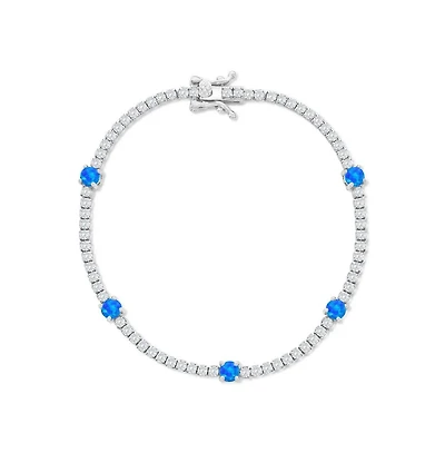 Sterling Silver, Round Blue Synthetic Opal & Cz Tennis Bracelet