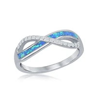 Sterling Silver Cz and Blue Inlay Synthetic Opal Infinity Ring