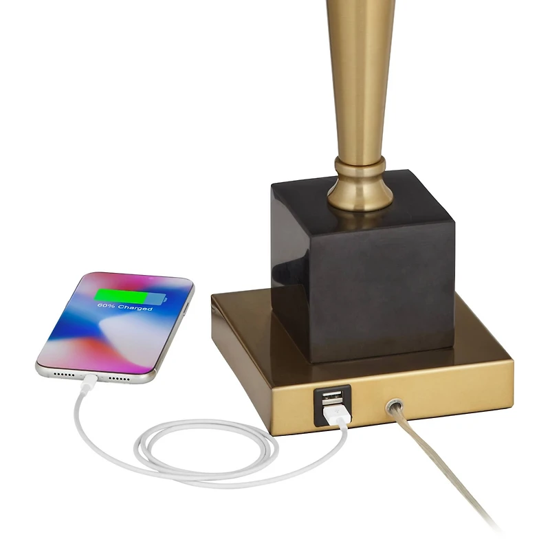 Possini Euro Design Wayne 29 1/4" Tall Modern End Table Lamp Usb Port Brass Finish Metal Black Marble Single Living Room Charging