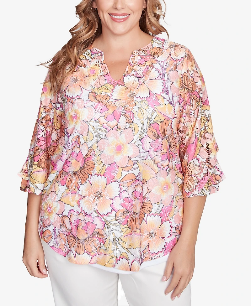 Ruby Rd. Plus Floral Printed Lace Lined Top