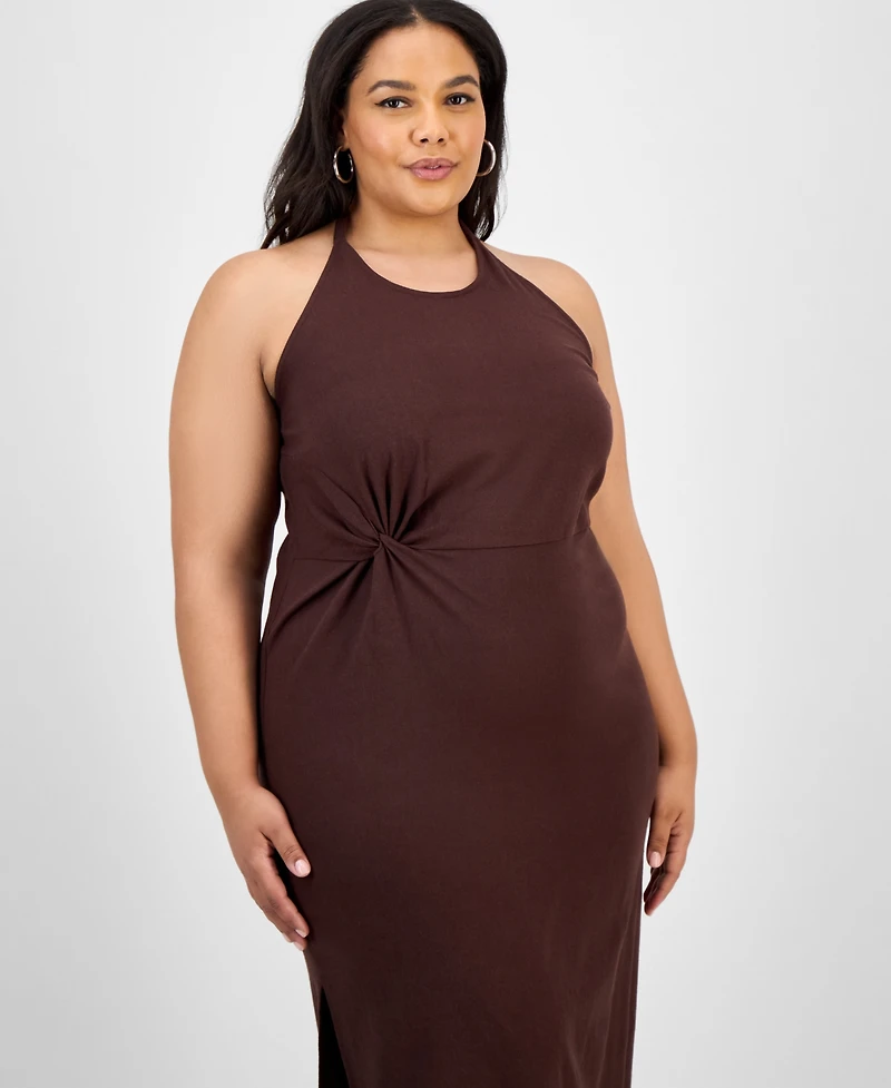 Bar Iii Trendy Plus Halter-Neck Linen-Blend Midi Dress, Exclusively at Macy's