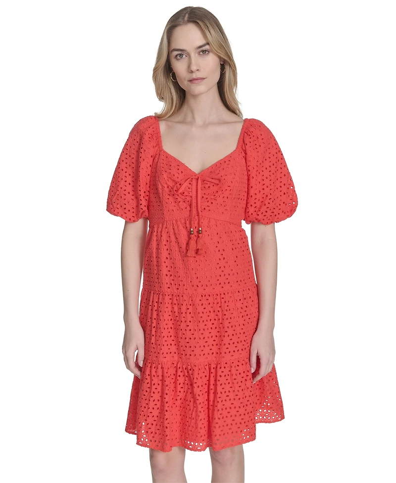 Vince Camuto Women's V-Neck Short-Puff-Sleeve Eyelet Dress