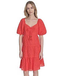 Vince Camuto Women's V-Neck Short-Puff-Sleeve Eyelet Dress