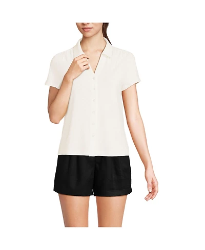 Lands' End Women's Linen Blend Short Sleeve Button Front Polo Top