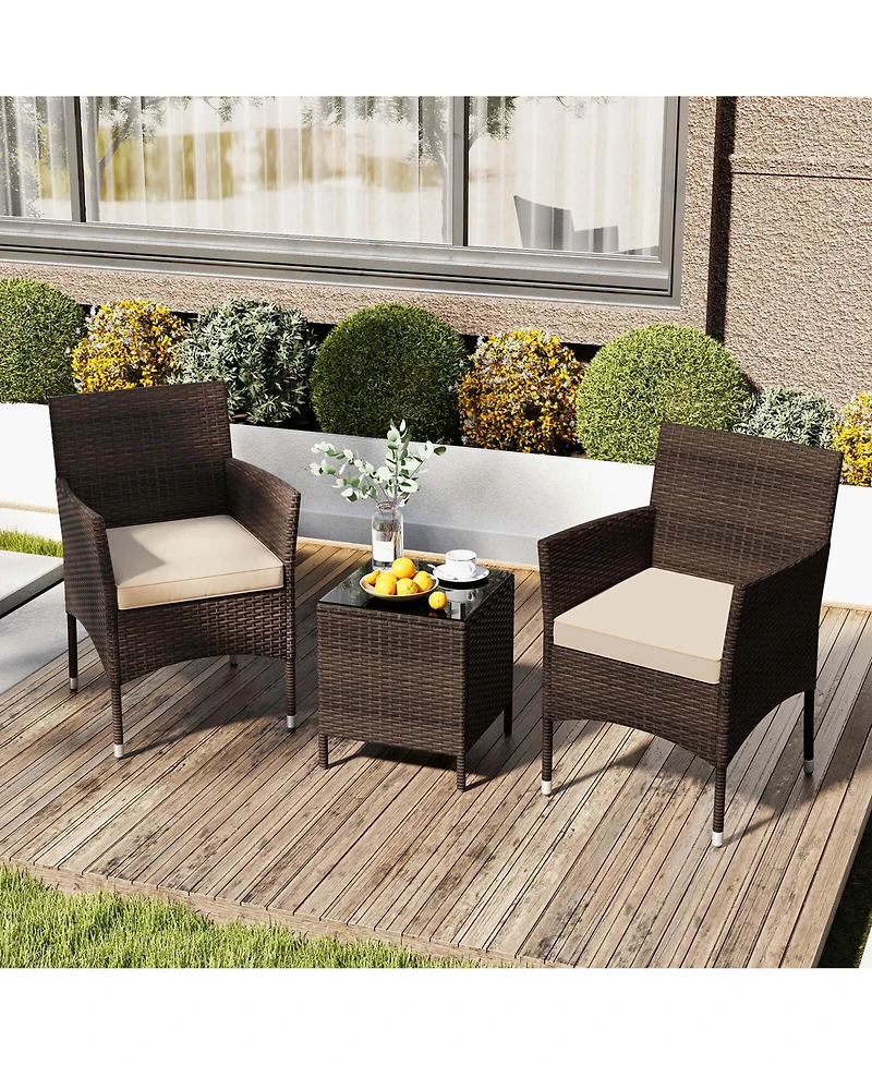 3 Pcs Outdoor Conversation Set with Cushioned Seat & Tempered Glass Tabletop