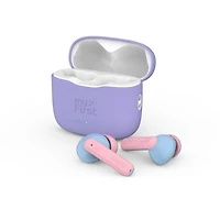 myFirst CareBuds (Cotton Candy) Kids Wireless Earbuds with 85dB Volume Limit, Built-in Mic, 6 Ear Tips, Anti-Lost Strap Easy Pairing, Gift for Kids 4-