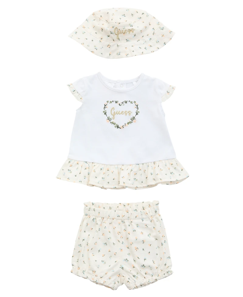 Guess Baby Girls 3-Piece Short Sleeve T-Shirt, Shorts, and Bucket Hat Set