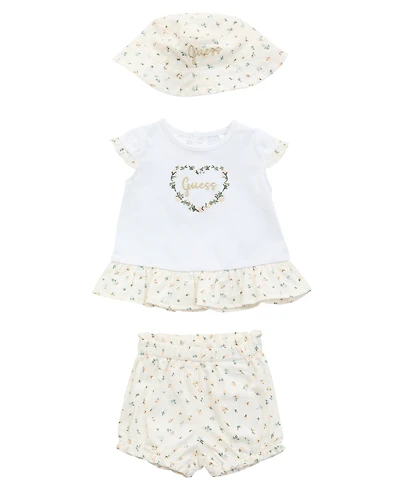 Guess Baby Girls 3-Piece Short Sleeve T-Shirt, Shorts, and Bucket Hat Set