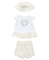 Guess Baby Girls 3-Piece Short Sleeve T-Shirt, Shorts, and Bucket Hat Set