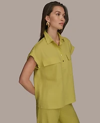 Donna Karan New York Women's Short Sleeve Linen-Blend Collared Shirt