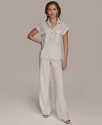 Donna Karan New York Women's Short Sleeve Linen-Blend Collared Shirt