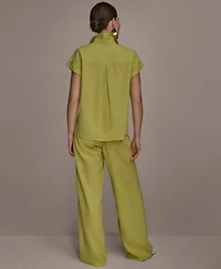 Donna Karan New York Womens Linen Blend Cap Sleeve Collared Shirt Wide Leg Pants