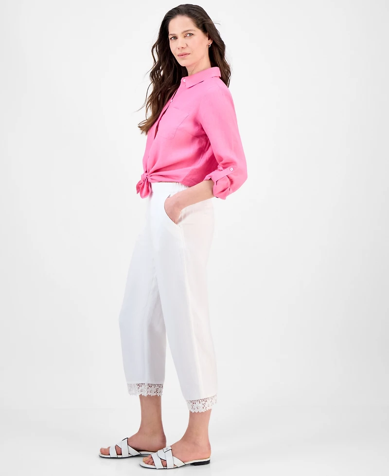 Charter Club Women's Crochet-Trim 100% Linen Cropped Pants, Exclusively at Macy's