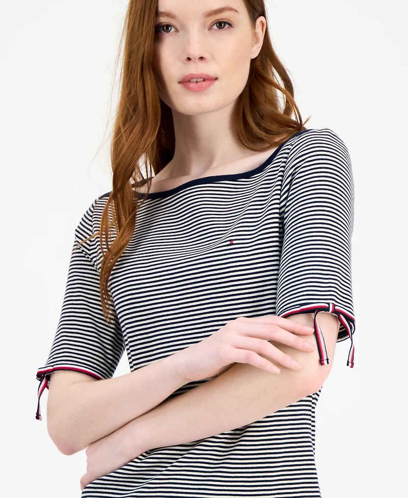 Tommy Hilfiger Women's Striped Cotton Boat-Neck Tie-Sleeve Dress