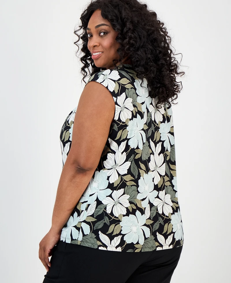 Kasper Plus Floral-Print Keyhole Top