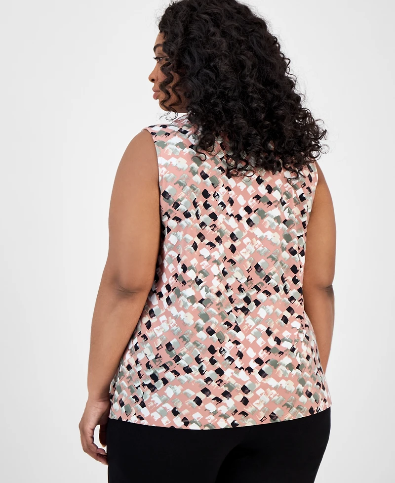 Kasper Plus Printed Twist-Front Shell Top